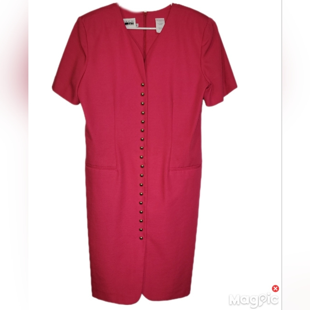 Vintage Leslie Fay Pink Coat Dress Sz 14 V-Neck Gold Button USA Made Spring